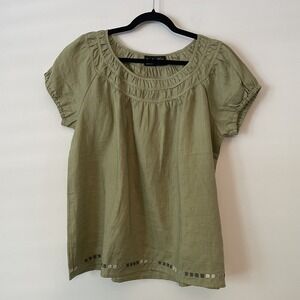 Alexandra Bartlett Linen Short Sleeve Top Olive Green Sz L Embroidered Lagenlook